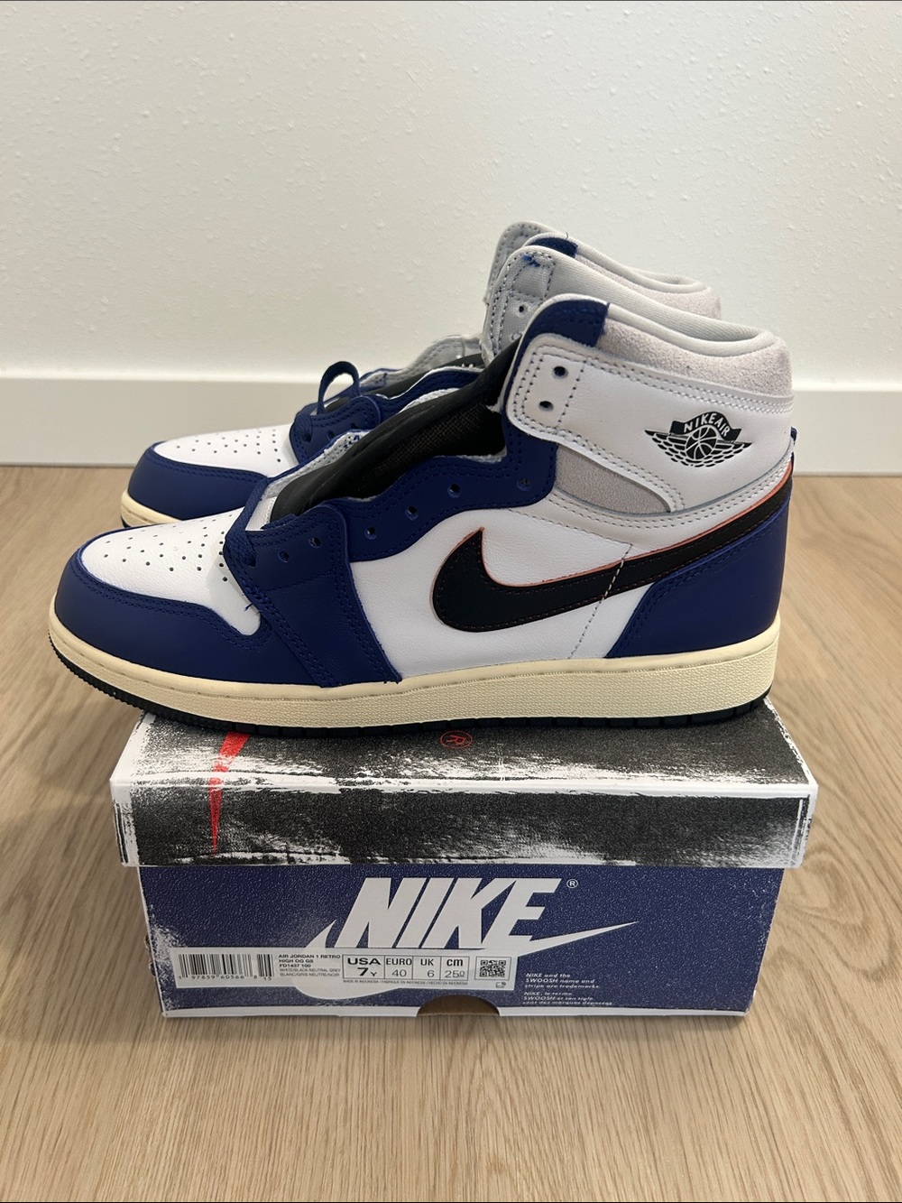 BTS Nike Rare Air Jordan 1 white/blue/red size 7Youth/8.5Women